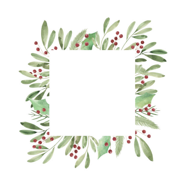 Watercolor square Christmas frame with twigs and berries. Holiday, postcard, congratulations. Place for text. watercolor illustration december clipart pictures stock illustrations