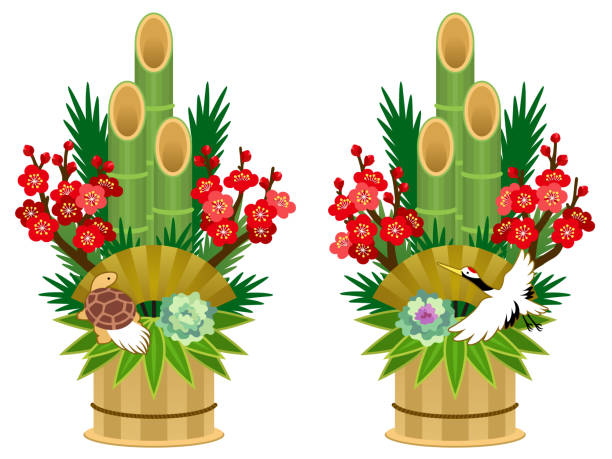 illustration von kadomatsu (kiefer, bambus, pflaumenblüten, kranich und schildkröte) - golden bamboo stock-grafiken, -clipart, -cartoons und -symbole