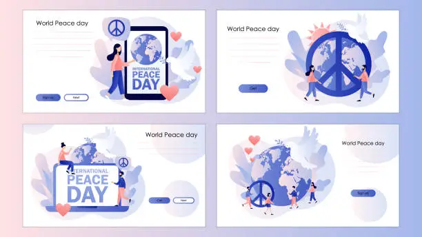 Vector illustration of World Peace Day. Globe, white pigeon and hippie sign as a peace symbol. Screen template for mobile smart phone, landing page, template, ui, web, mobile app, poster, banner, flyer. Vector illustration