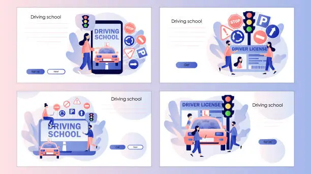 Vector illustration of Driver license. Tiny people studying in driving school. Traffic rules. Road signs. Screen template for mobile smart phone, landing page, template, ui, web, mobile app, poster, banner, flyer. Vector