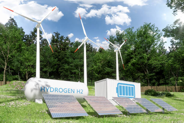 Hydrogen Storage Compartment, Wind Turbines And Solar Panels In The Forest Hydrogen Storage Compartment, Wind Turbines And Solar Panels In The Forest hydrogen stock pictures, royalty-free photos & images