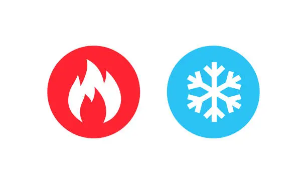 Vector illustration of Hot and cold icon. Fire and snowflake sign. Heating and cooling button. Vector EPS 10. Isolated on white background