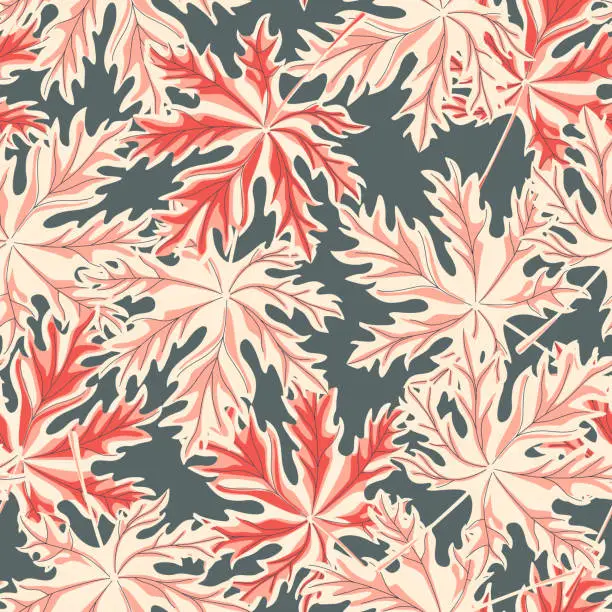 Vector illustration of Chaotic maple leaf seamless pattern on gray background. Colorful leaves vintage wallpaper.