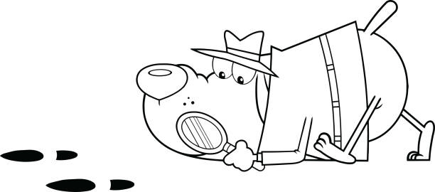 istock Black And White Detective Dog Cartoon Character Following A Clues 1280907021