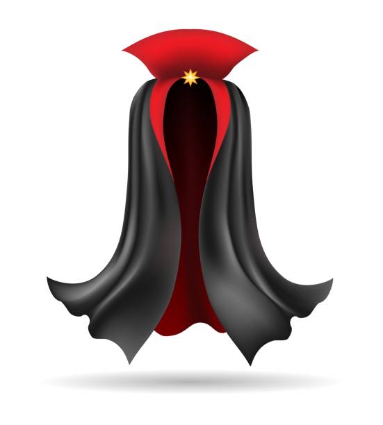 Vampire black cloak Vampire cloak. Black cloth element of costume for dracula, beautiful festival accessor, vector illustration of decorative mysterious fabric for king isolated on white background count dracula stock illustrations
