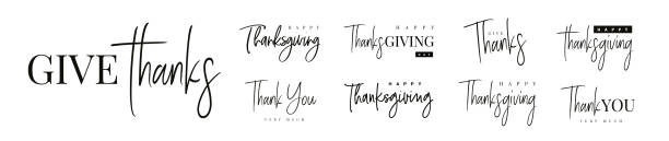 ilustraciones, imágenes clip art, dibujos animados e iconos de stock de set de tipografía de acción de gracias. da las cartas de agradecimiento dibujadas a mano para el día de acción de gracias. - happy thanksgiving