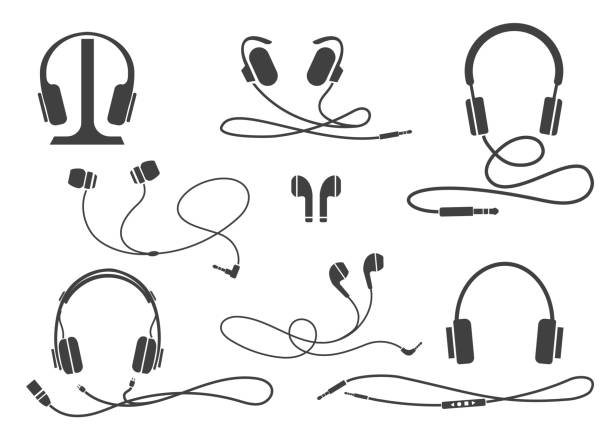 Entertainment earphones equipment Entertainment earphones equipment. Various headphone types icons, wireless and headset, portable and buds vector illustration headphones stock illustrations