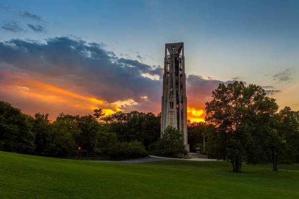 Carillon bell tower at sunset Carillon bell tower in Naperville, Illinois at sunset carillon stock pictures, royalty-free photos & images