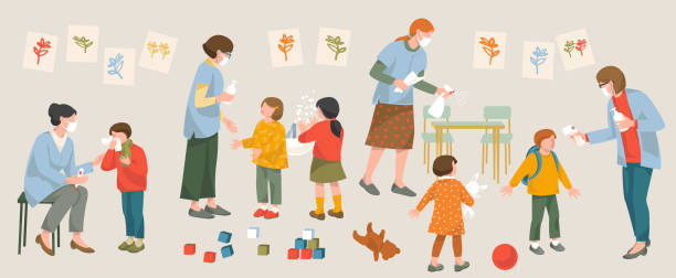 preventions mesures in preschool kindergarten during coronavirus covid 19 preventions mesures in preschool kindergarten during coronavirus covid 19 teachers in face mask and kids check temperature, wash hands, disinfect use hand sanitiser help sick boy.new normal in school school cleaning stock illustrations
