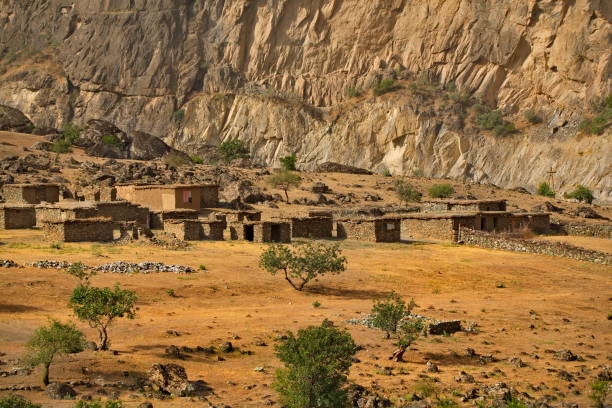 Central Asia. Afghanistan. Huts made of clay and stone in a mountain village on the left Bank of the border river Panj.