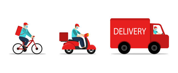 istock Online order tracking. Express delivery home and office. Truck, scooter and bicycle courier. Quarantine. 1280914159