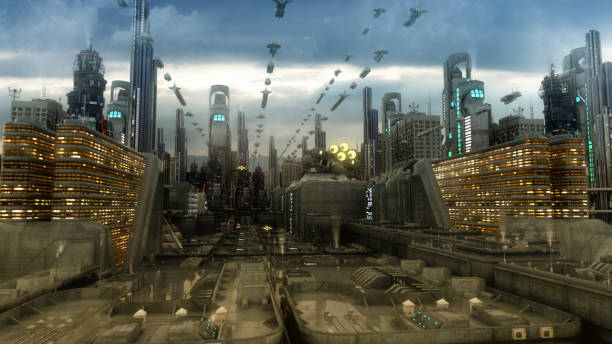istock 3d rendering. Futuristic city and spaceships 1280914188