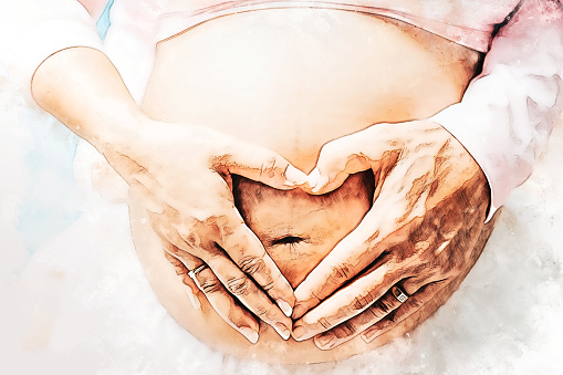 Midsection of Pregnant Woman Holding Her Belly,\nPregnancy health & wellbeing concept.\n\nSide view close-up of pregnant woman touching her belly.