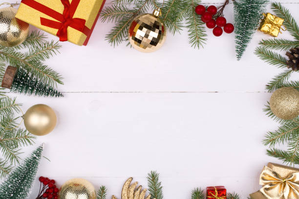 istock Frame of Christmas decorations on a white background.Flatly, CopySpace 1280916799