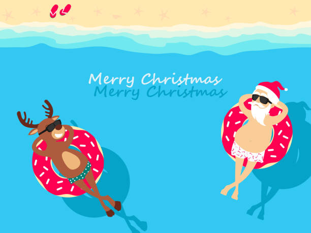 ilustrações de stock, clip art, desenhos animados e ícones de christmas holiday. santa claus and deer  relaxing on inflatable donuts. greeting christmas card 2021 - christmas beach sun tropical climate