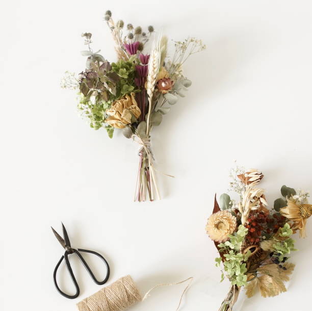 istock Dried flowers and herbs bouquets for making decoration flat lay on white background. Framing dried plants. Top view. Hobby handmade with flowers. 1280922335