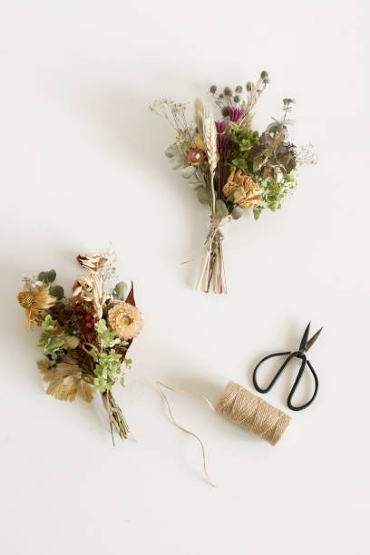istock Dried flowers and herbs bouquets for making decoration flat lay on white background. Framing dried plants. Top view. Hobby handmade with flowers. 1280922370