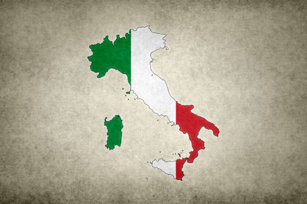 Grunge map of Italy with its flag printed within its border on an old paper.