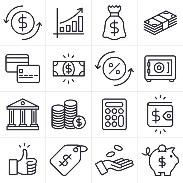 Money Finance and Banking Symbols and Icons Money, savings cash, finance, banking, payment and currency icons and symbols line icon collection. financial advisor percentage sign business finance stock illustrations