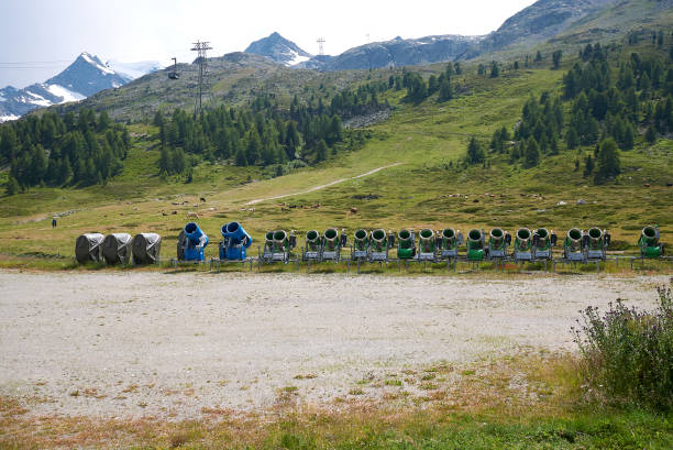 Bernina, Switzerland - July 21, 2020: View of snow cannons at Bernina Diavolezza