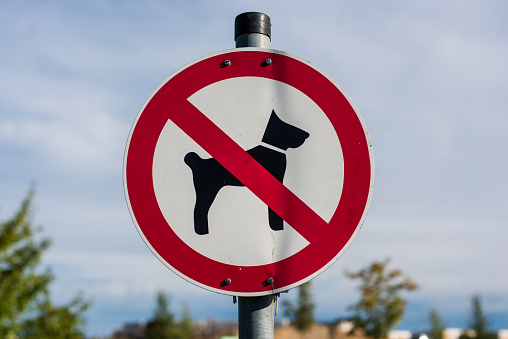 sign in a public park. dogs banned