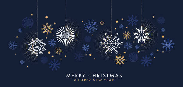 Merry Christmas and Happy New Year background, greeting card, poster, holiday cover. Design template with border made of beautiful snowflakes in modern flat line art style Merry Christmas and Happy New Year background, greeting card, poster, holiday cover. Design template with border made of beautiful snowflakes in modern flat line art style. Xmas decoration. Vector holiday card stock illustrations