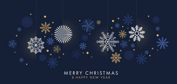Merry Christmas and Happy New Year background, greeting card, poster, holiday cover. Design template with border made of beautiful snowflakes in modern flat line art style Merry Christmas and Happy New Year background, greeting card, poster, holiday cover. Design template with border made of beautiful snowflakes in modern flat line art style. Xmas decoration. Vector new years eve party stock illustrations