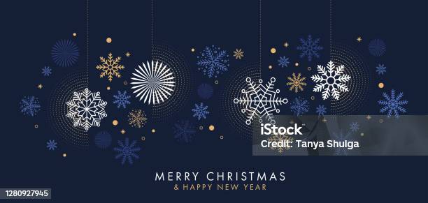 Merry Christmas And Happy New Year Background Greeting Card Poster Holiday Cover Design Template With Border Made Of Beautiful Snowflakes In Modern Flat Line Art Style Stock Illustration - Download Image Now