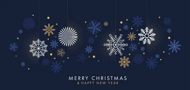 Vector illustration of Merry Christmas and Happy New Year background, greeting card, poster, holiday cover. Design template with border made of beautiful snowflakes in modern flat line art style