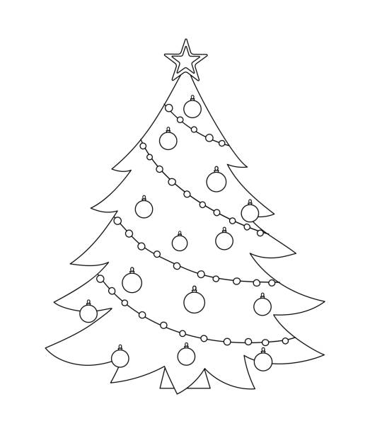 illustrations, cliparts, dessins animés et icônes de arbre de noël décoré noir et blanc de vecteur isolé sur le fond blanc. illustration drôle mignonne de ligne du symbole de nouvel an. icône de ligne de sapin ou page de coloriage. - fir tree christmas tree isolated