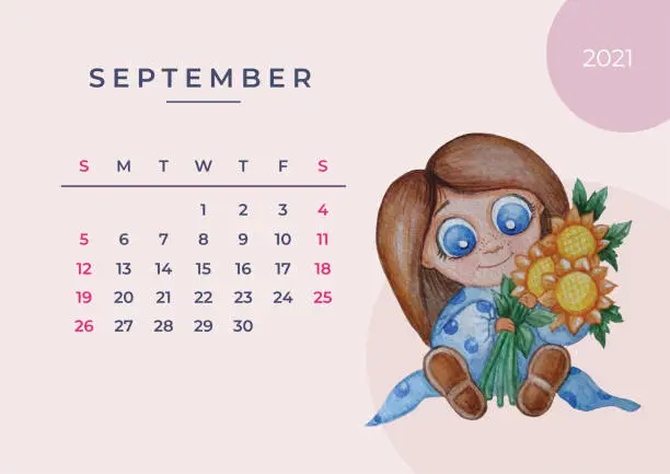 Vector illustration of Calendar 2021 watercolor. Template for September 2021. Watercolor drawing - a cute girl with a bouquet of yellow sunflowers in her hands. Design planner, print, kids collection. eps10, A3 format