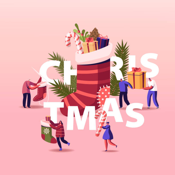 glückliche charaktere feiern weihnachtsfeier konzept. winzige menschen tanzen an riesigen socke mit geschenken und dekoriert tannenbaum - weihnachten familie stock-grafiken, -clipart, -cartoons und -symbole