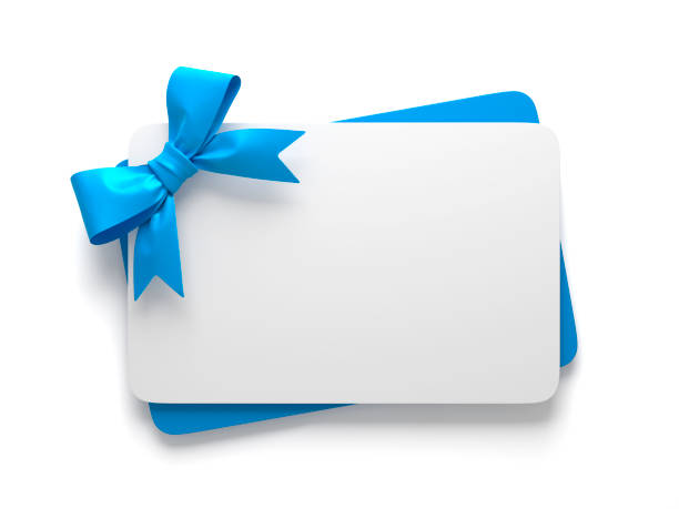 Gift Cards With Blue Colored Bow 3d illustration birthday present photos stock pictures, royalty-free photos & images