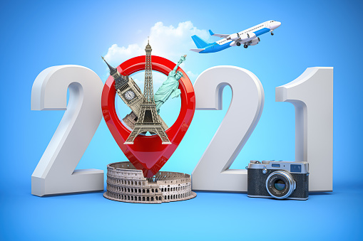 2020 Happy new year. Number 2020 and pin with most popular landmarks of the world. New year celebration in London, Paris, Rome or New York. 3d illustration