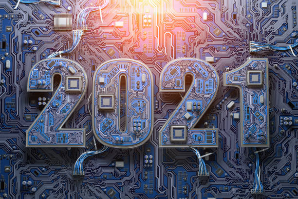 istock 2021 on circuit board or motherboard with cpu. Computer technology and internet commucations digital concept background. Happy new 2021 year. 1280936516