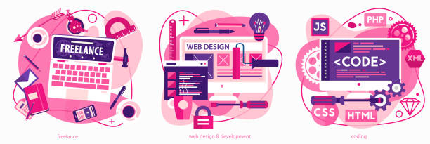 Coding, Programming, Scripting and Development Concept Banners Programming and coding, scripting and website development, and freelance concepts cascading style sheets stock illustrations