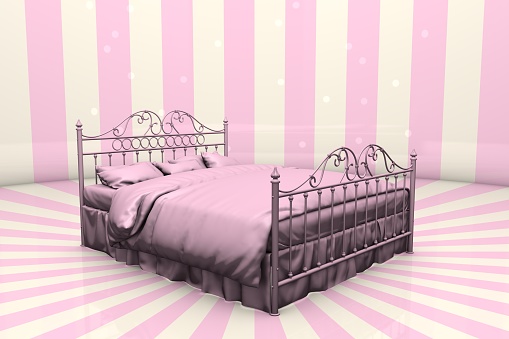 Pink bedstead on a pink and white background