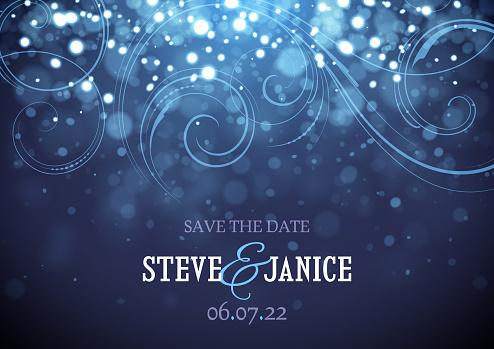 Sparkling blue lights wedding save the date card design vector illustration