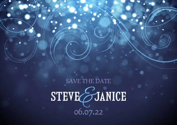 Vector illustration of Blue Sparkling lights Wedding invitation