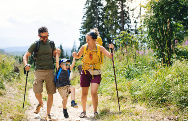 istock Family with small son hiking outdoors in summer nature. 1280939982
