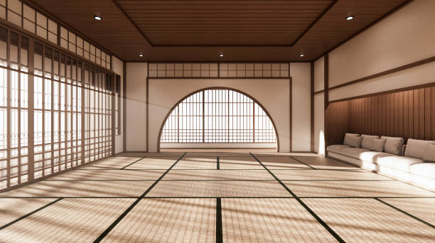이 객실은 일본 식의 넓은 디자인과 자연 색조의 빛입니다. 3d 렌더링 - dojo 뉴스 사진 이미지