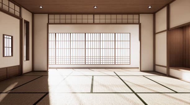 o quarto é um design espaçoso do estilo japonês e leve em tons naturais. renderização 3d - dojo - fotografias e filmes do acervo