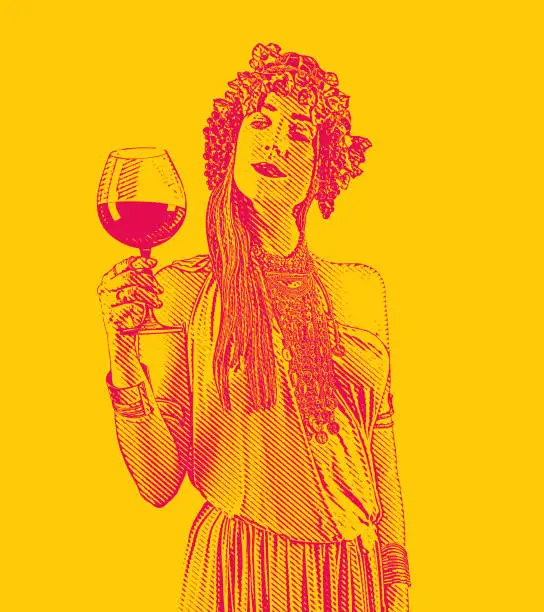 Vector illustration of Wine Goddess drinking glass of wine