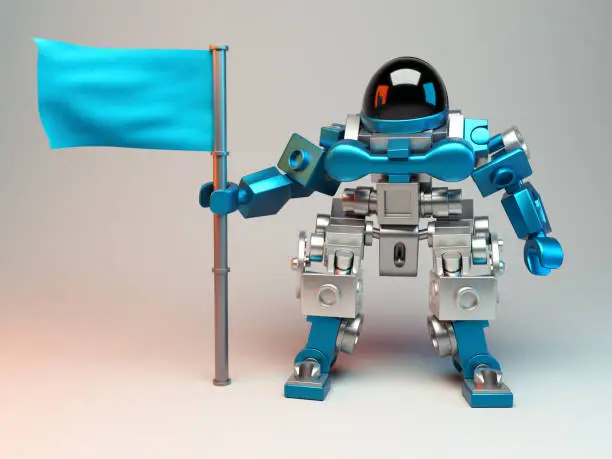 Toy robot with a flag in hand on a neutral background. 3D rendering.