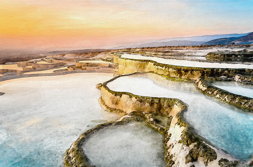 Carbonate travertines the natural pools during sunset, Pamukkale, Turkey. Water color painting on canvas style.