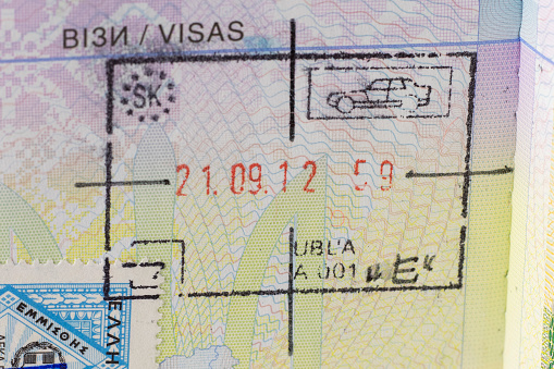 Stamp in Ukrainian passport - Slovakia entry ban. Close up.