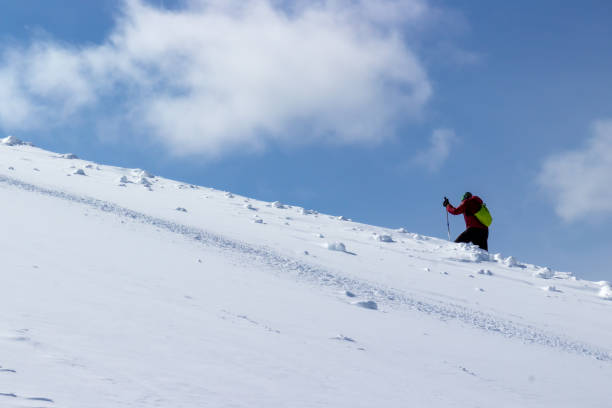 una persona irriconoscibile che si arrampica sugli sci su una collina innevata nella soleggiata giornata invernale. sciatore che escursioni in cima alla montagna - journey footpath exercising effort foto e immagini stock