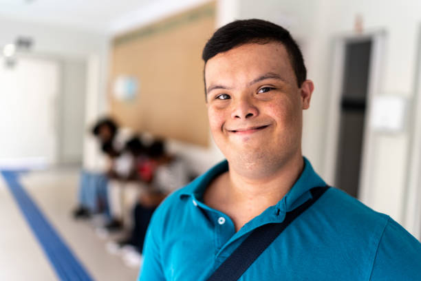 portrait of a special needs university student - teenager young men teenage boys portrait imagens e fotografias de stock