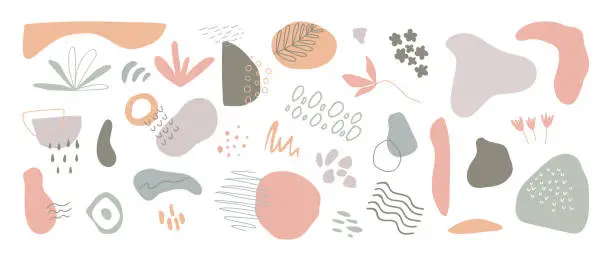 Vector illustration of Organic shapes long banner. Minimal stylish cover template. Hand draw abstract design elements in pastel colors. Art form for social media stories, branding, flyer. Vector illustration