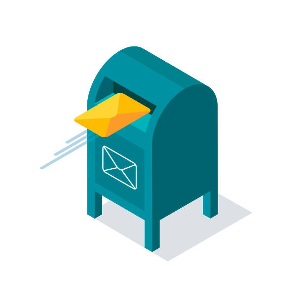 Blue mailbox with letters inside in isometric style. Blue mailbox with letters inside in isometric style. Yellow envelope flies into the mailbox. Vector illustration isolated on white background. blue mailbox stock illustrations